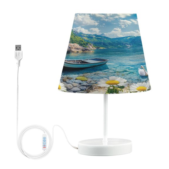 BZSMCE Table Lamp Creative Boat Swans Daisies and Mountains Simple Pattern Night Light
