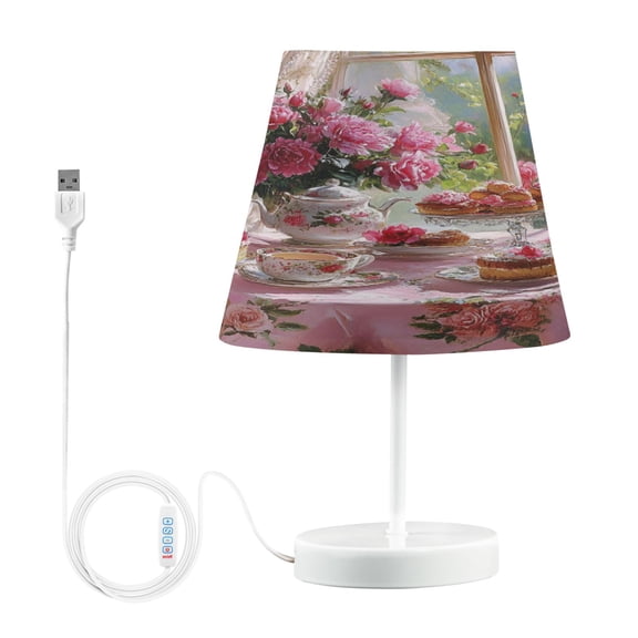 BZSMCE Table Lamp Creative Tea Set with Pink Roses Simple Pattern Night Light
