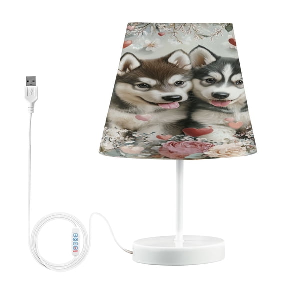 BZSMCE Table Lamp Creative Two Husky Puppies with Flowers Simple Pattern Night Light