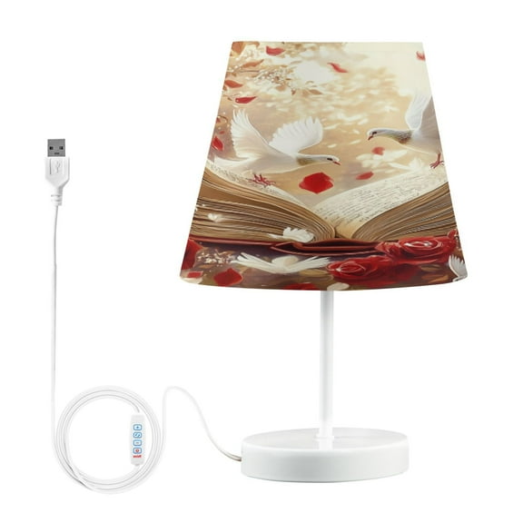 BZSMCE Table Lamp Creative White Doves Red Roses Simple Pattern Night Light