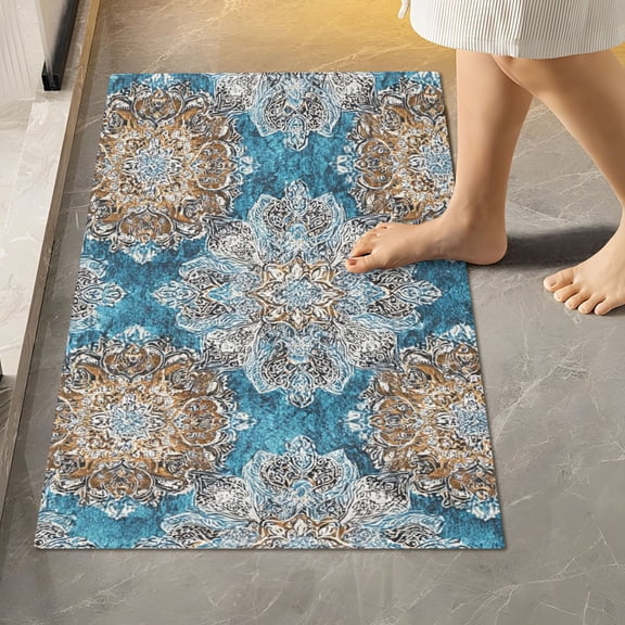 BZSMCE Teal Mandala Dream Pattern 2-Piece Non-Slip Absorbent Bathroom Rug Set, Soft Bath Mat & Toilet Rug