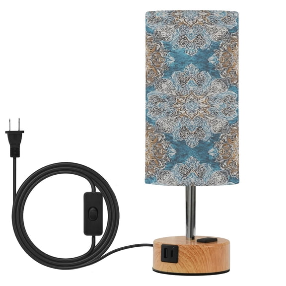BZSMCE Teal Mandala Dream Printed 3 Color Touch Control Table Lamp Linen Shade LED Nightstand Lamp with Wood Grain BaseUS Standard Power Cord