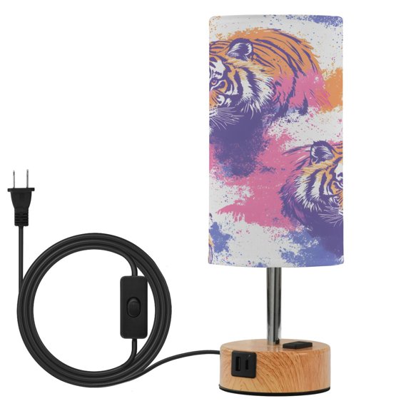 BZSMCE Tiger Splash Pattern Printed 3 Color Touch Control Table Lamp Linen Shade LED Nightstand Lamp with Wood Grain BaseUS Standard Power Cord