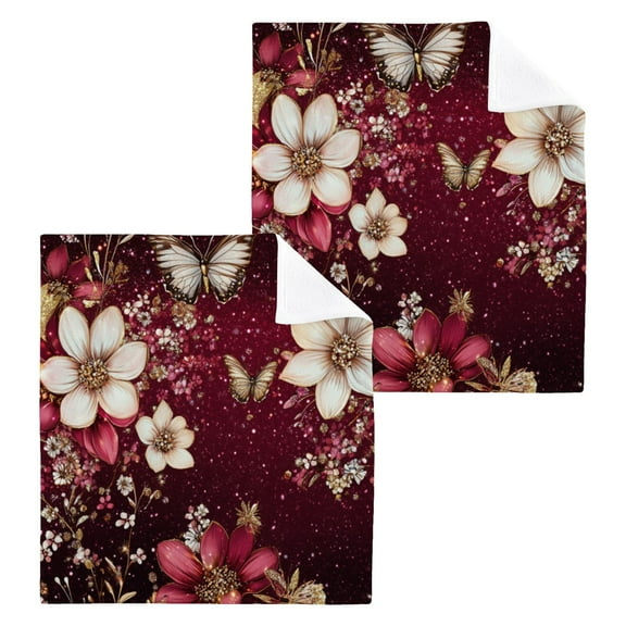 BZSMCE Towel Cotton Face Towel Soft Hand Towels Fashion Blossoms and Butterflies on Burgundy Pattern