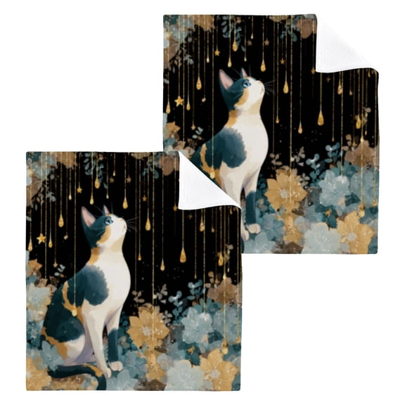 BZSMCE Towel Cotton Face Towel Soft Hand Towels Fashion Cat under Golden Drips Pattern