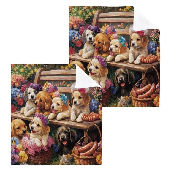 BZSMCE Towel Cotton Face Towel Soft Hand Towels Fashion Puppy Picnic in A Flower Wonderland Pattern