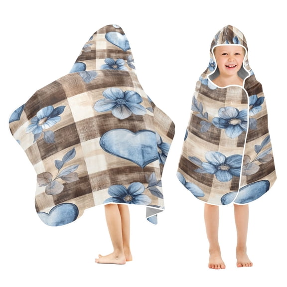 YAZAOO Towels Kids Hooded Beach Towel Blue Floral Hearts on Check Pool Bath Towel Soft