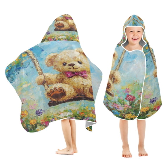 BZSMCE Towels Kids Hooded Beach Towel Brown Bear on Swing Painting Pool Bath Towel Soft