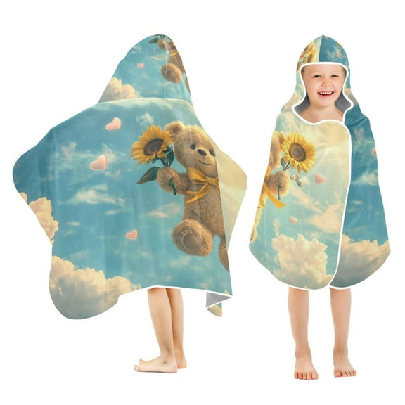 BZSMCE Towels Kids Hooded Beach Towel Flying Bear with Sunflowers Pool Bath Towel Soft