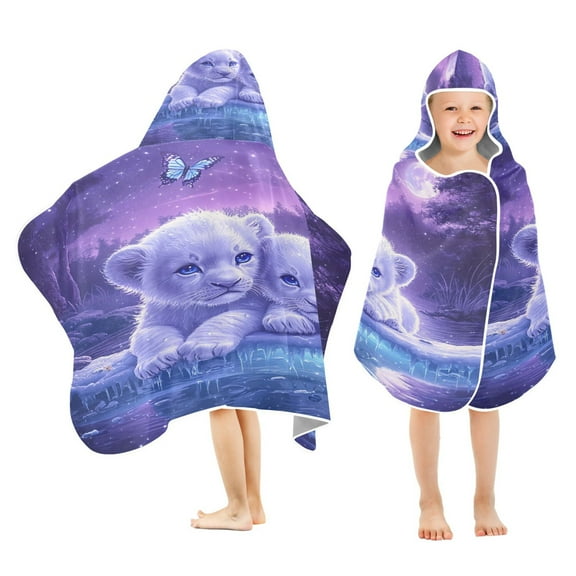 YAZAOO Towels Kids Hooded Beach Towel Lion Cubs under The Moon Pool Bath Towel Soft