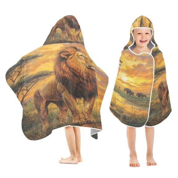 BZSMCE Towels Kids Hooded Beach Towel Lion Standing in Sunset Pool Bath Towel Soft
