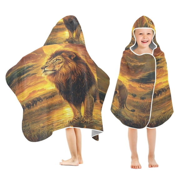 BZSMCE Towels Kids Hooded Beach Towel Lion in Savannah at Sunset Pool Bath Towel Soft