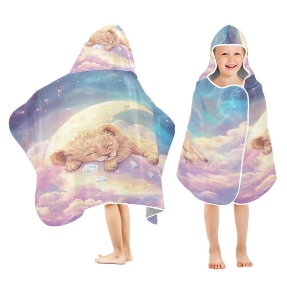 BZSMCE Towels Kids Hooded Beach Towel Sleeping Lion Cub on Moon Pool Bath Towel Soft