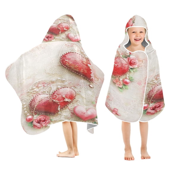 BZSMCE Towels Kids Hooded Beach Towel Valentines Day Heart Pattern Pool Bath Towel Soft