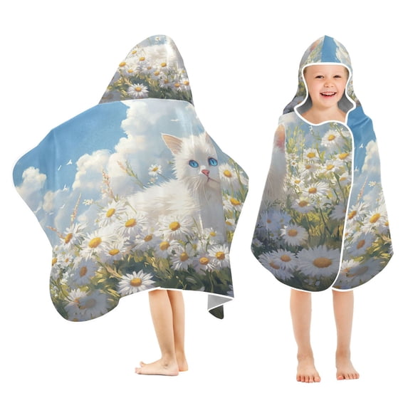 BZSMCE Towels Kids Hooded Beach Towel White Cat Among Daisies Pool Bath Towel Soft