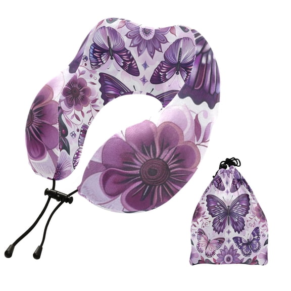 BZSMCE Travel Pillow Purple Blossoms and Butterflies Pattern 10.5x9.5x6in