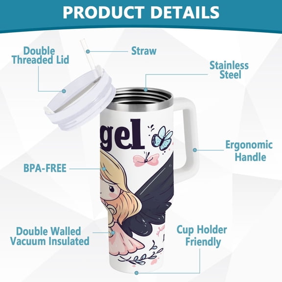 BZSMCE Tumbler 40oz Insulated Stainless Creative Angel Holding Bear Pattern Steel Water Bottles