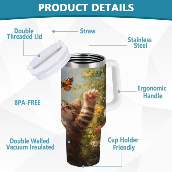 BZSMCE Tumbler 40oz Insulated Stainless Creative Cat Catch Butterfly Pattern Steel Water Bottles