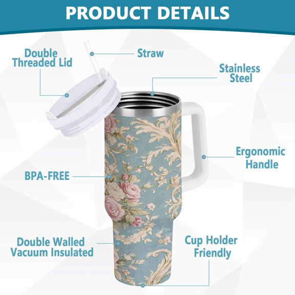 YAZAOO Tumbler 40oz Insulated Stainless Creative Classic Roses on Serene Blue Pattern Steel Water Bottles