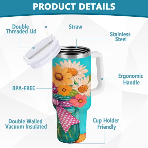 BZSMCE Tumbler 40oz Insulated Stainless Creative Colorful Flowers Pattern Steel Water Bottles