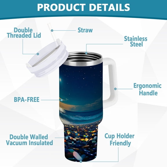 YAZAOO Tumbler 40oz Insulated Stainless Creative Colorful Stones on Moonlit Beach Pattern Steel Water Bottles