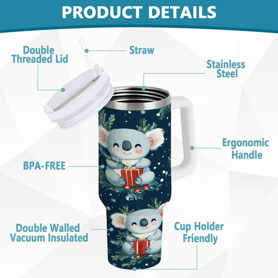 BZSMCE Tumbler 40oz Insulated Stainless Creative Cute Christmas Koalas Pattern Pattern Steel Water Bottles