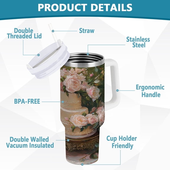 BZSMCE Tumbler 40oz Insulated Stainless Creative Floral Decorated Tiered Wedding Cake Pattern Steel Water Bottles