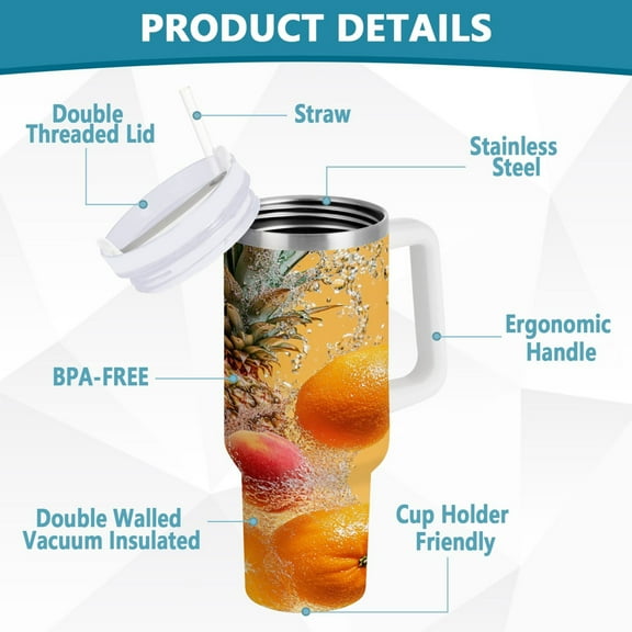BZSMCE Tumbler 40oz Insulated Stainless Creative Fruits Splashing in Water Pattern Steel Water Bottles