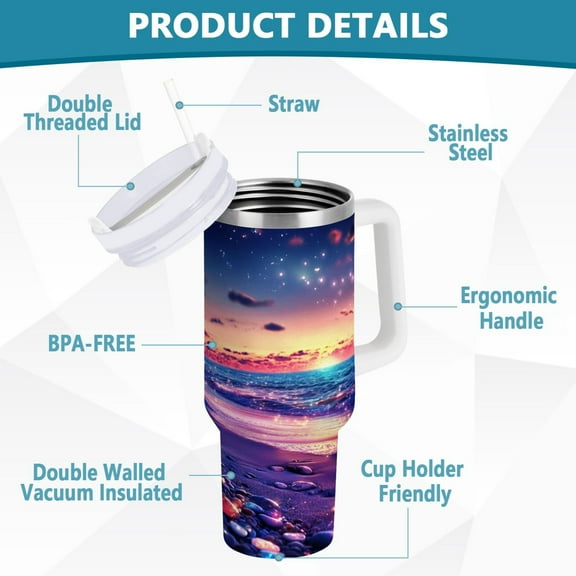 YAZAOO Tumbler 40oz Insulated Stainless Creative Glowing Stones on Colorful Beach Pattern Steel Water Bottles