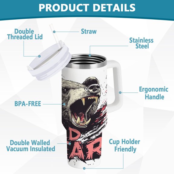 BZSMCE Tumbler 40oz Insulated Stainless Creative Irritable Wild Bear Pattern Steel Water Bottles