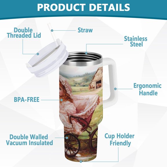 BZSMCE Tumbler 40oz Insulated Stainless Creative Little Girl in Vintage Pram Pattern Steel Water Bottles