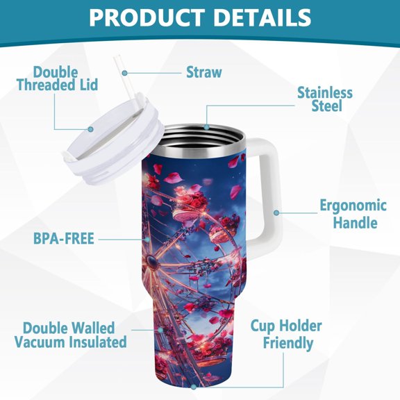 BZSMCE Tumbler 40oz Insulated Stainless Creative Roses Of Ferris Wheel Printing Pattern Steel Water Bottles