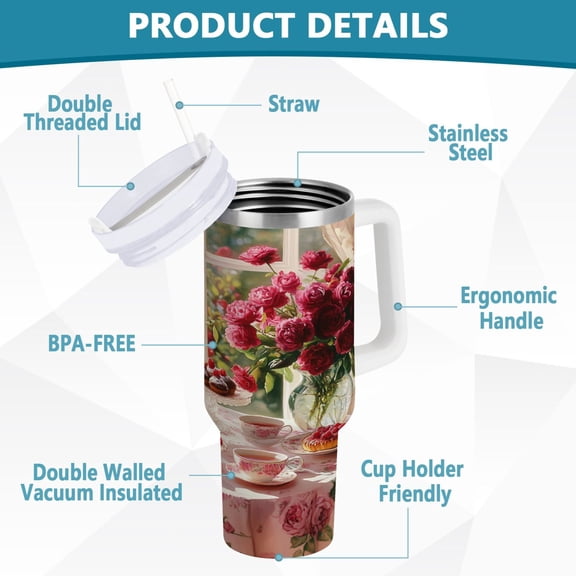 BZSMCE Tumbler 40oz Insulated Stainless Creative Tea Set with Cakes Roses Pattern Steel Water Bottles