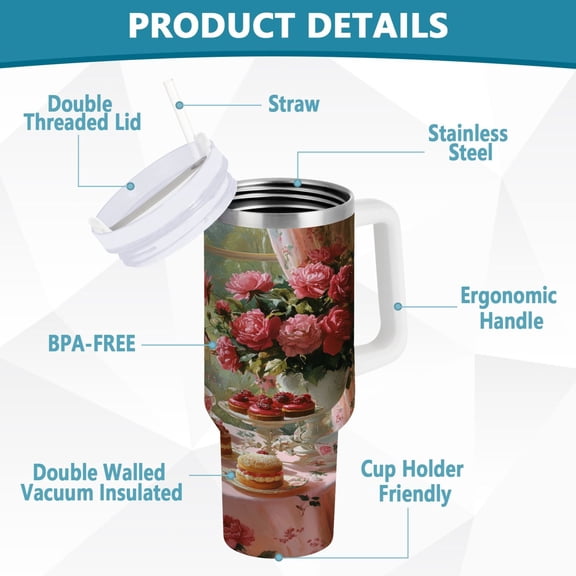BZSMCE Tumbler 40oz Insulated Stainless Creative Tea Set with Roses Pattern Steel Water Bottles