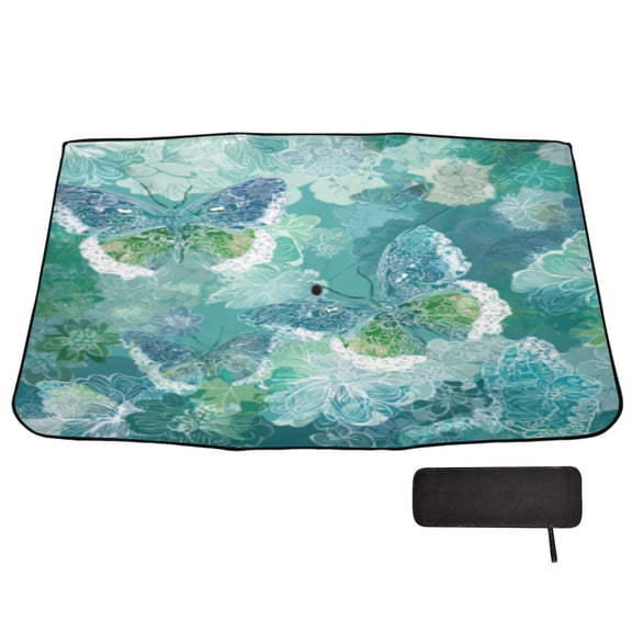 BZSMCE Turquoise Butterfly Reverie Car Windshield Foldable Sunshade Umbrella UV Protection with Storage Bag
