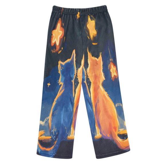 BZSMCE Two Cats Printed Loose Fit Flannel Pajama Pants Soft Plush Elastic Waist Loungewear Bottoms with Side Pockets for Indoor Home Wear