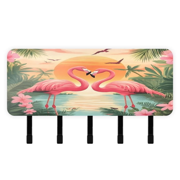 BZSMCE Two Pink Flamingos Print Mount Hook Rack 5Hook Acrylic ReversePrint Wall Hanger With Hidden Storage Compartment