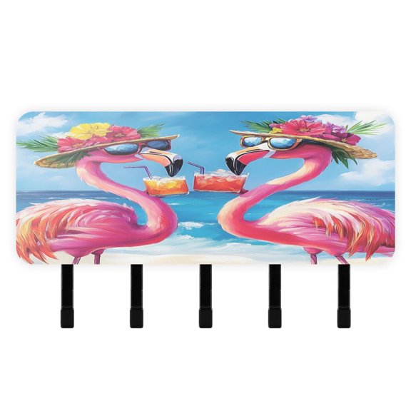 BZSMCE Two Pink Flamingos Print Mount Hook Rack 5Hook Acrylic ReversePrint Wall Hanger With Hidden Storage Compartment