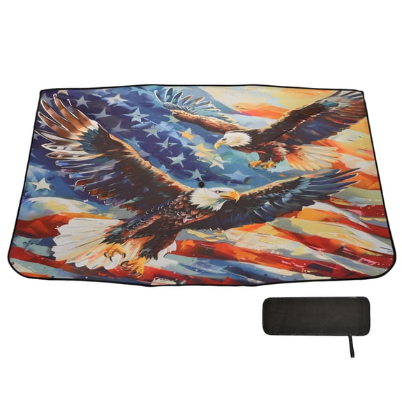 BZSMCE Two Sea Eagles American Flag Blue Sky Car Windshield Foldable Sunshade Umbrella UV Protection with Storage Bag