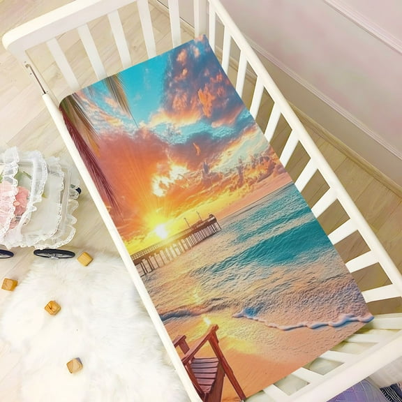BZSMCE Ultra Soft Fitted Microfiber Crib Sheets for Newborn Baby Boys Girls Beach Sunset with Palm Trees Design Cute Pattern