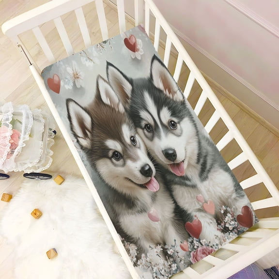 BZSMCE Ultra Soft Fitted Microfiber Crib Sheets for Newborn Baby Boys Girls Two Husky Puppies with Flowers Design Cute Pattern