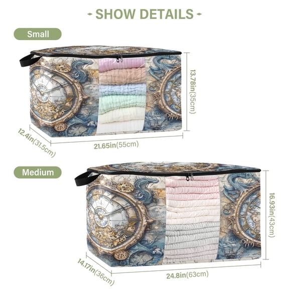 BZSMCE Under Bed Storage Bags With Reinforced Handles Antique Clock Printing Underbed Storage
