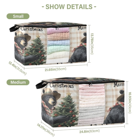 BZSMCE Under Bed Storage Bags With Reinforced Handles Black Bear with Christmas Tree Underbed Storage
