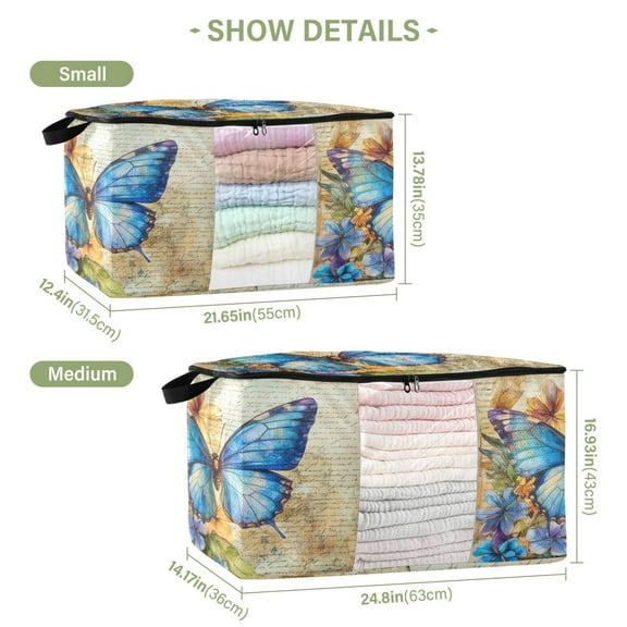 BZSMCE Under Bed Storage Bags With Reinforced Handles Blue Butterfly Printed Underbed Storage