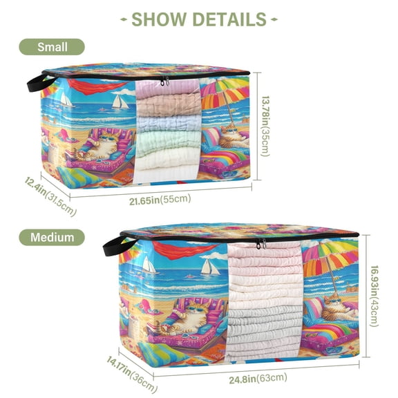 BZSMCE Under Bed Storage Bags With Reinforced Handles Cats Enjoying on The Beach Underbed Storage