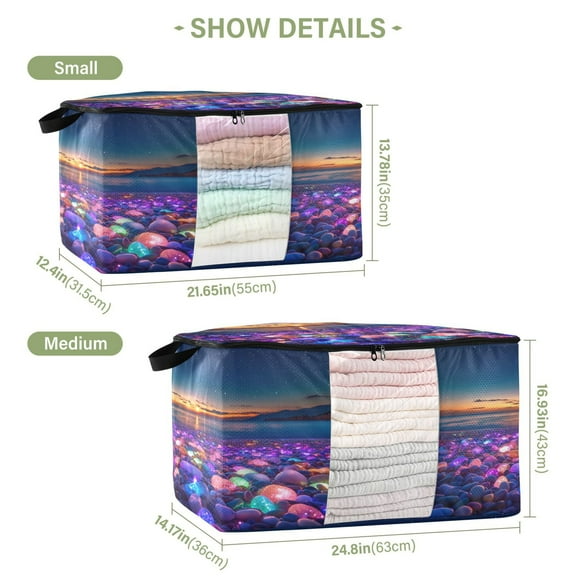 BZSMCE Under Bed Storage Bags With Reinforced Handles Colorful Beach with Glowing Pebbles Underbed Storage