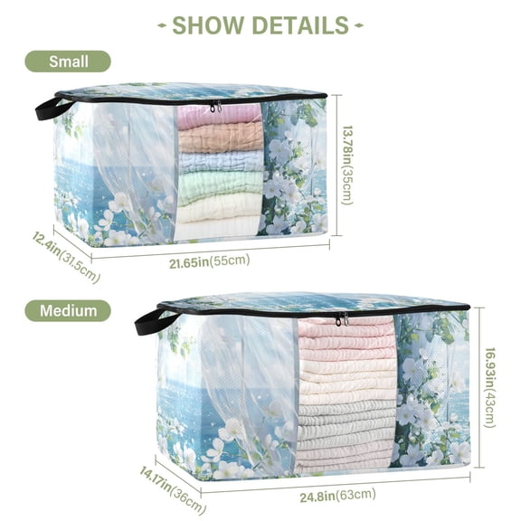 BZSMCE Under Bed Storage Bags With Reinforced Handles Curtains and Flowers by Sea Underbed Storage