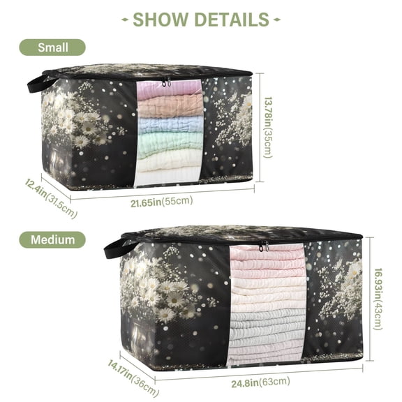 BZSMCE Under Bed Storage Bags With Reinforced Handles Daisies in Metallic Vase Underbed Storage
