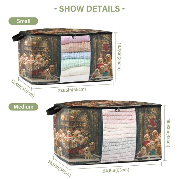 BZSMCE Under Bed Storage Bags With Reinforced Handles Dogs in Santa Hats Snow Underbed Storage