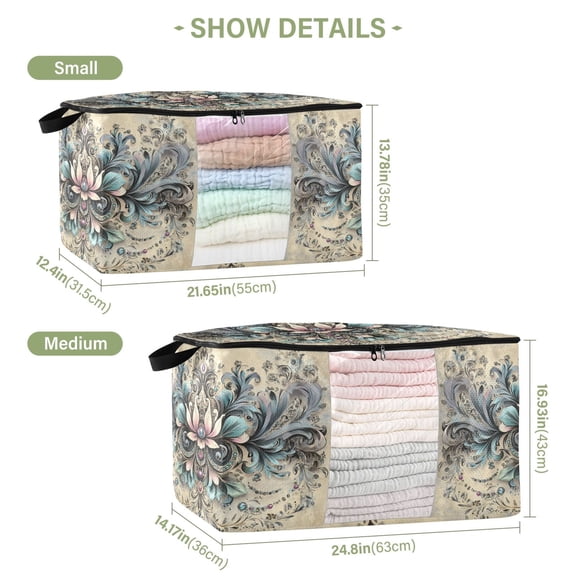 BZSMCE Under Bed Storage Bags With Reinforced Handles Floral and Jewel Design Pattern Underbed Storage